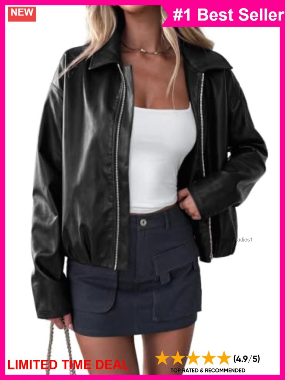 Faux Leather Motorcycle Jacket Cropped Zip Up Moto Coat Fall Spring